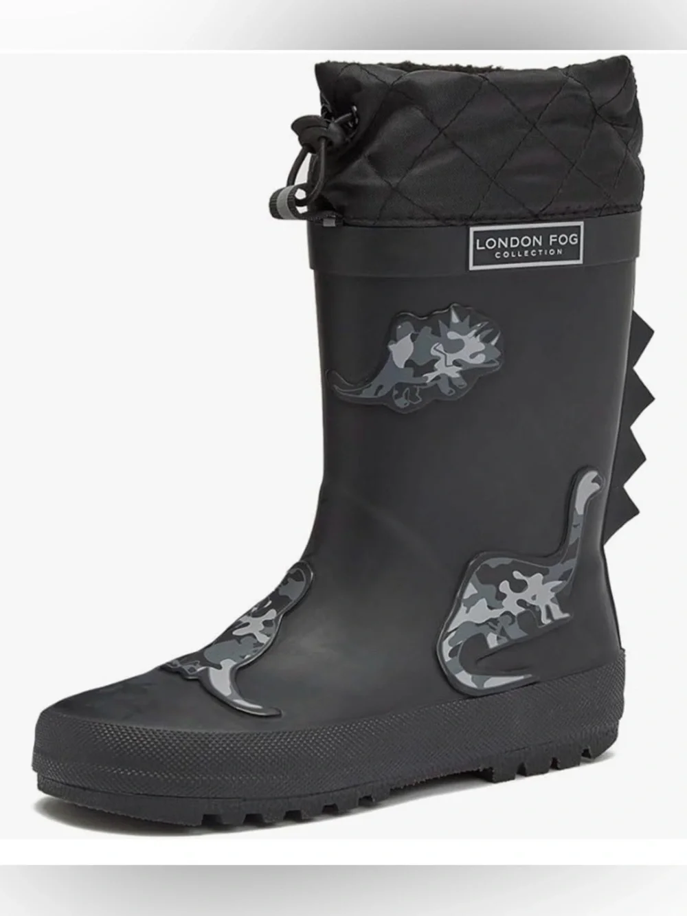 London Fog Black Quilted Cuff Kids' Dino Rain Boot